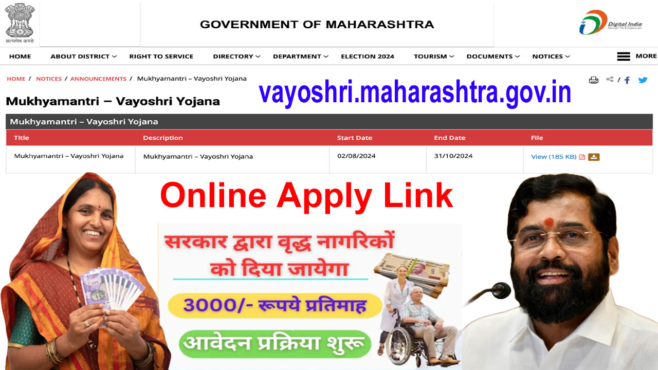 Mukhyamantri Vayoshri Yojana Apply Online Website || Form PDF || Last Date @ vayoshri.maharashtra.gov.in Online Apply Link